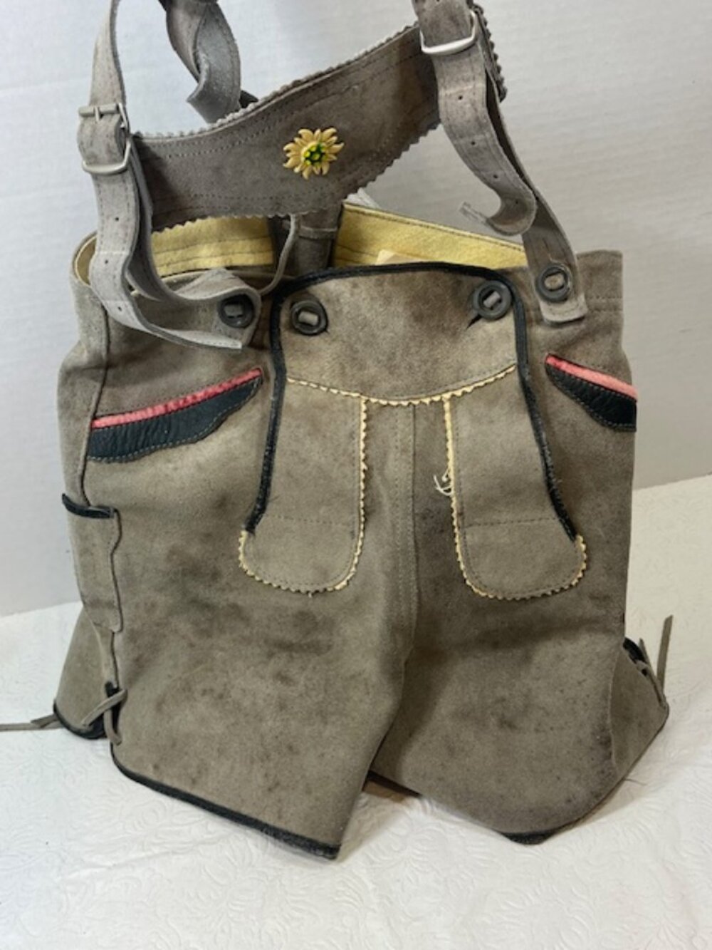 VTG Child's Gray Suede Leather Traditional Lederhosen Adj Suspenders Edelweiss